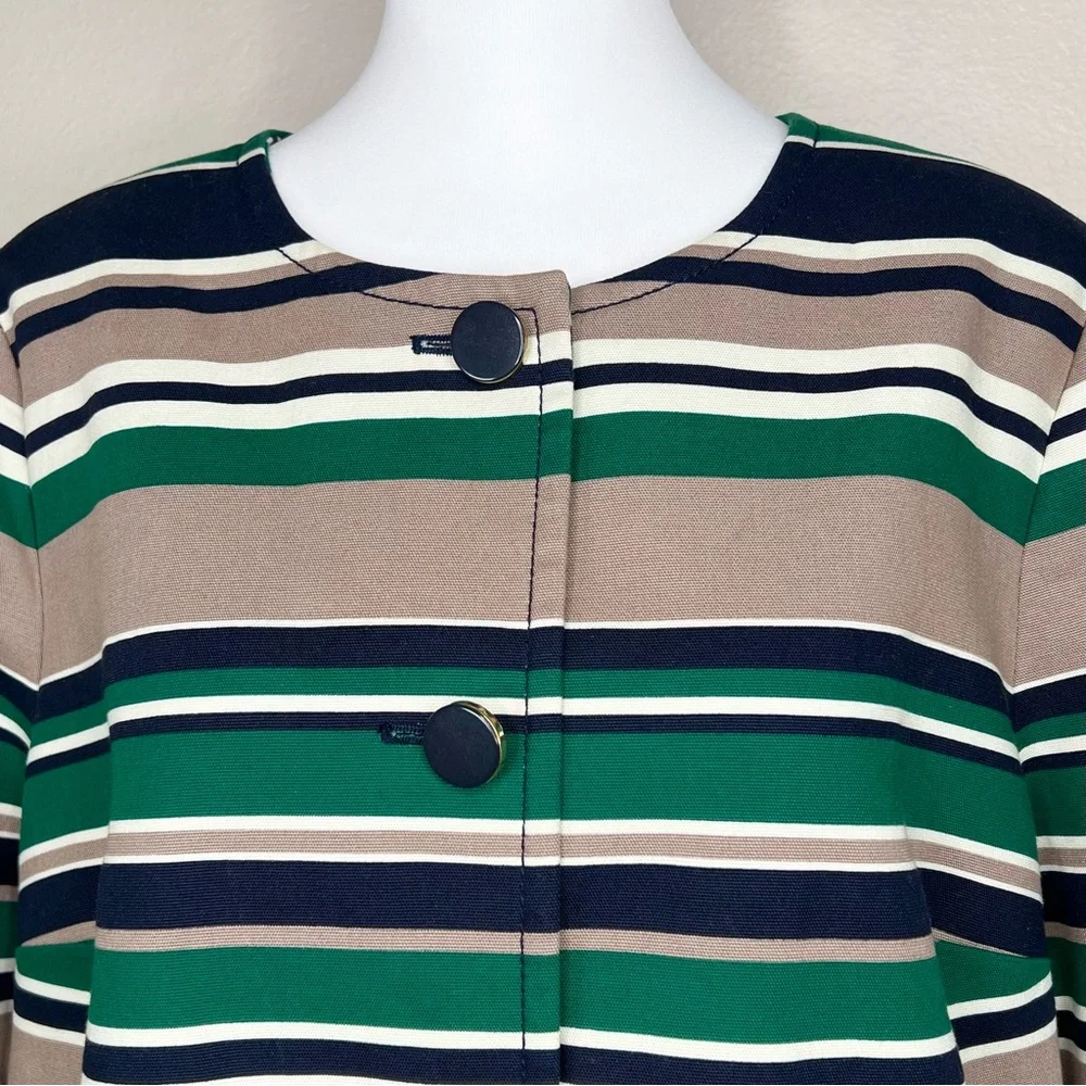 Talbots Navy Blue & Green Striped Cotton Collarless 3/4 Sleeve Blazer Jacket - Picture 3 of 11